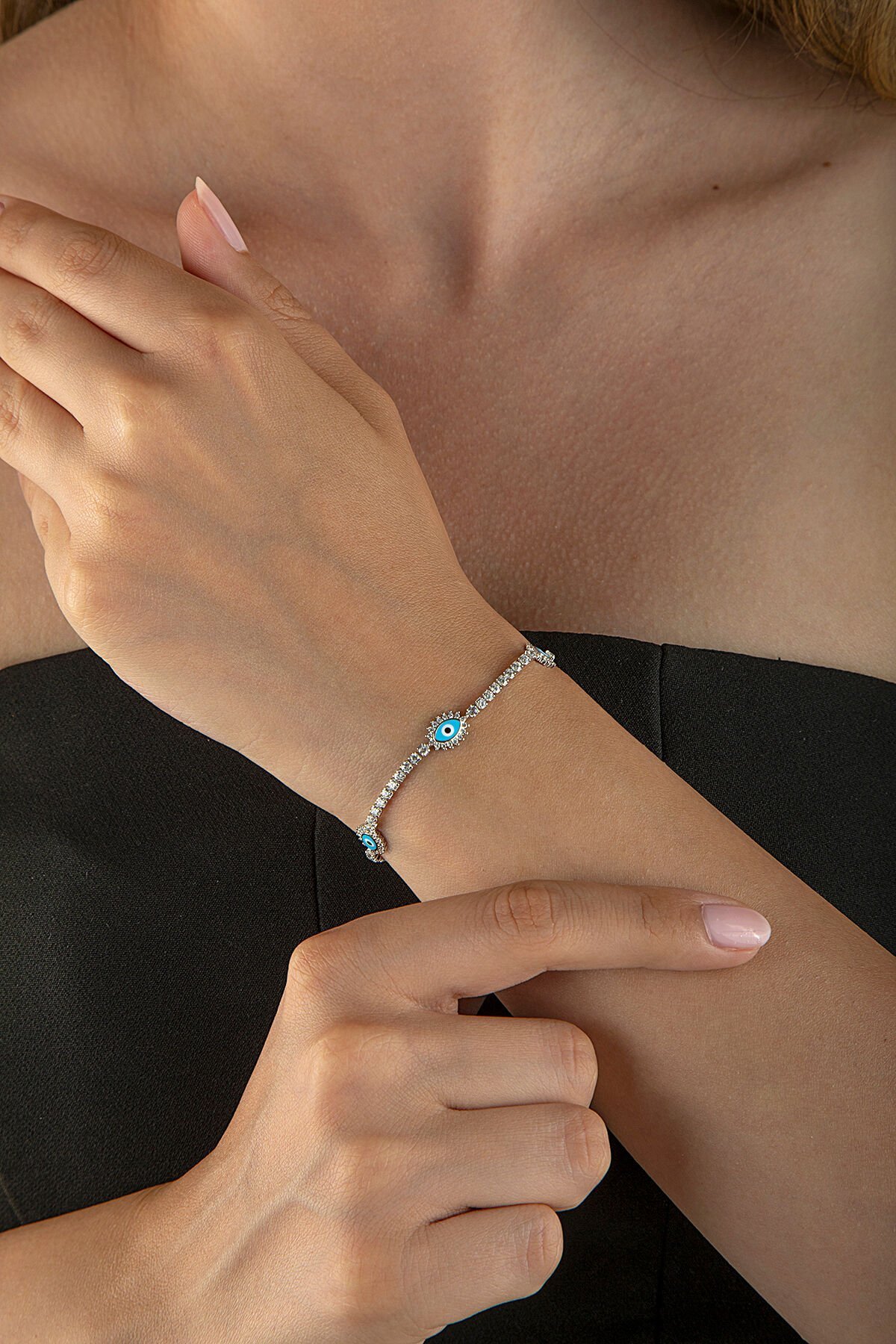 925 Ayar Gümüş Göz Mavi Boncuklu Su Yolu Bileklik