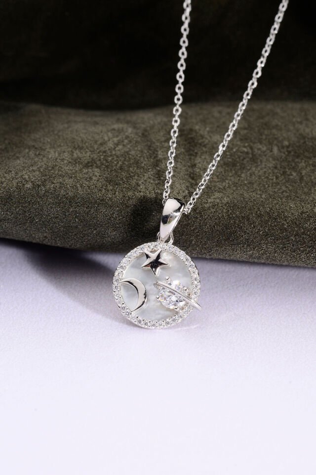 Altın Kaplama 925 Ayar Gümüş Galaksi Temalı Sedefli Yuvarlak Çerçeveli Kolye