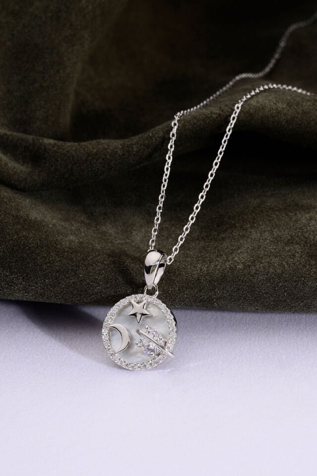 Altın Kaplama 925 Ayar Gümüş Galaksi Temalı Sedefli Yuvarlak Çerçeveli Kolye