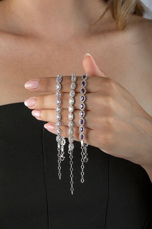 925 Ayar Gümüş Sıralı Oval Taşlı Mor Bileklik