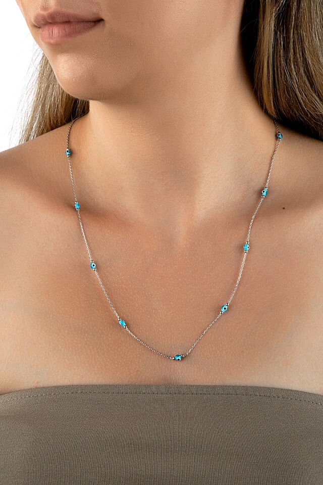 925 Ayar Gümüş Açık Mavi Nazar Boncuklu İnce Zincirli Uzun Kolye