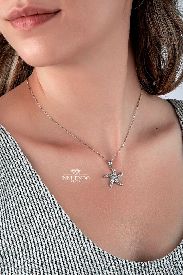 925 Ayar Gümüş Taşlı Deniz Yıldızı Motifli Kolye