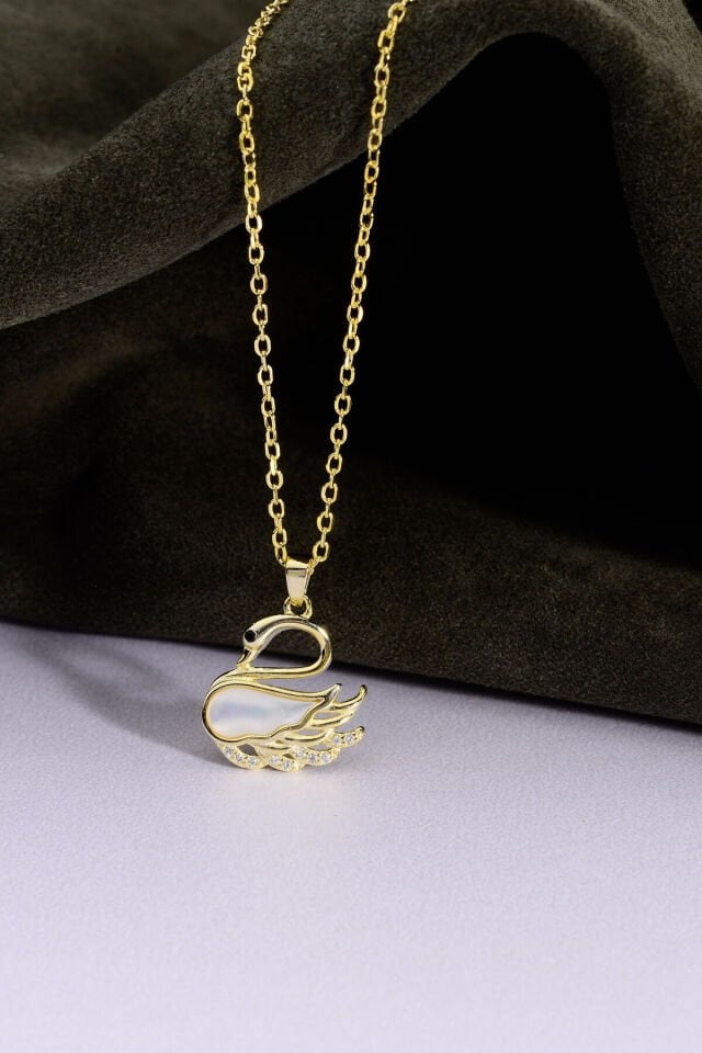 Altın Kaplama 925 Ayar Gümüş Kuğu Motifli Sedefli & Taşlı Kolye