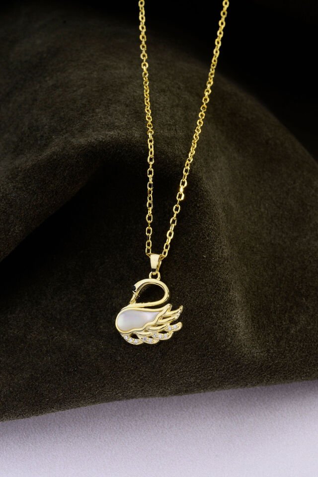 Altın Kaplama 925 Ayar Gümüş Kuğu Motifli Sedefli & Taşlı Kolye