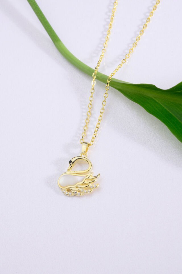 Altın Kaplama 925 Ayar Gümüş Kuğu Motifli Sedefli & Taşlı Kolye