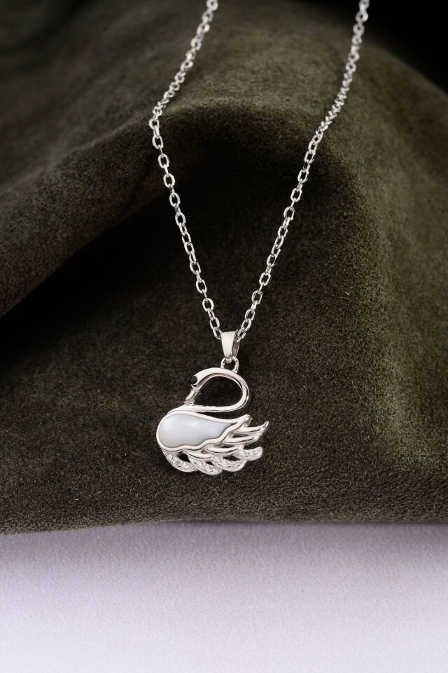 Altın Kaplama 925 Ayar Gümüş Kuğu Motifli Sedefli & Taşlı Kolye