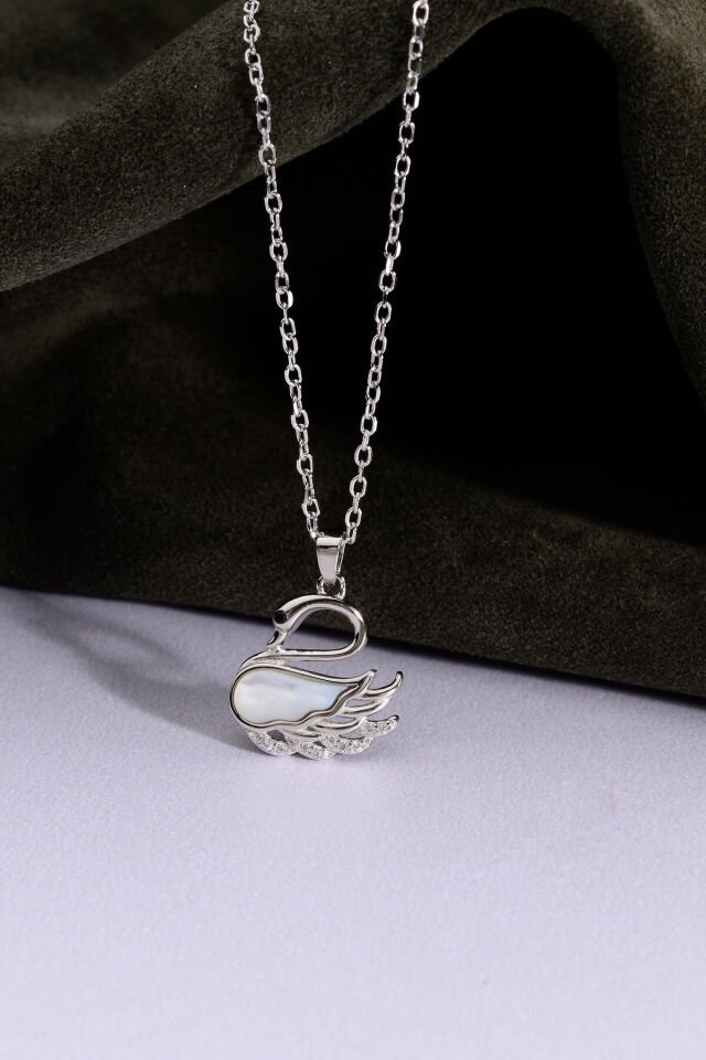 Altın Kaplama 925 Ayar Gümüş Kuğu Motifli Sedefli & Taşlı Kolye