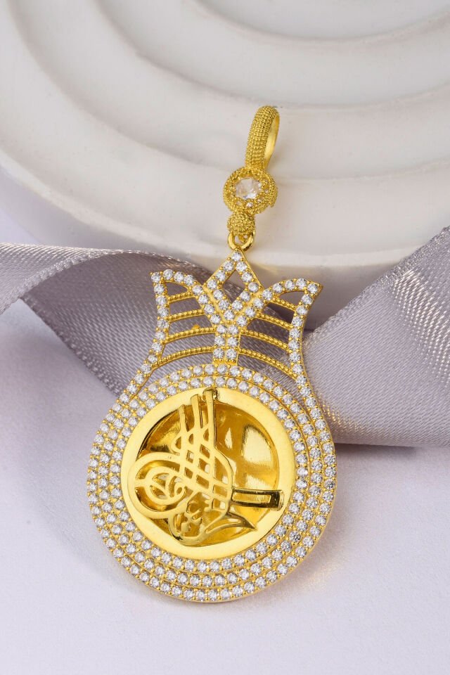 925 Ayar Gümüş 22 Ayar Altın Kaplama Lale Çerçeve Tuğralı Altın Kolye Ucu