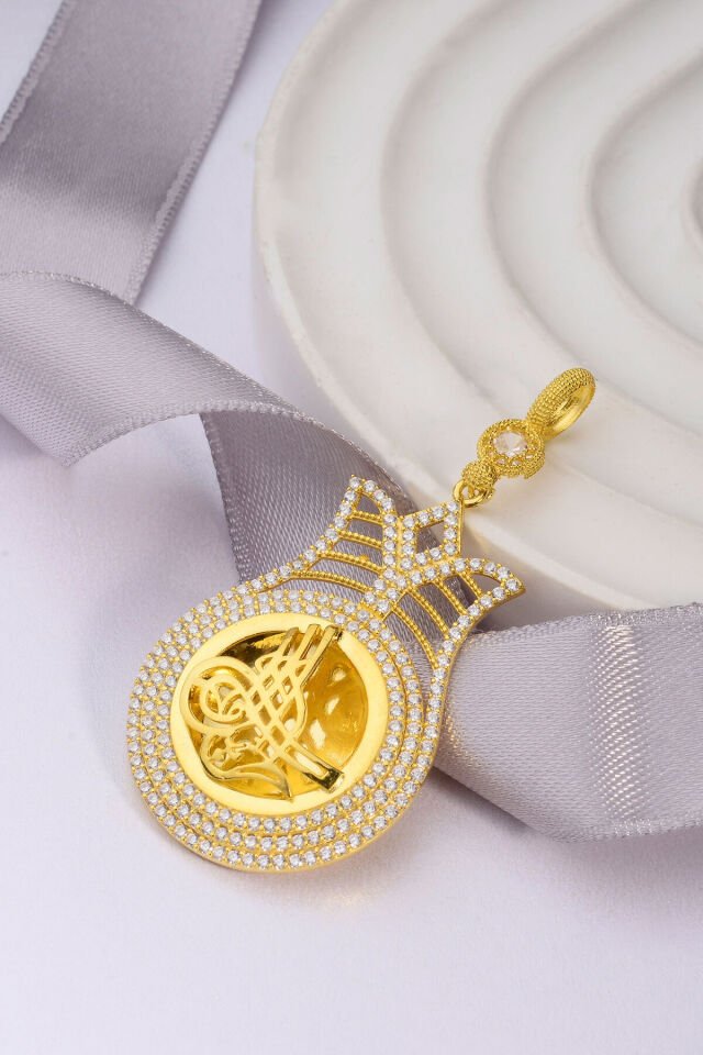 925 Ayar Gümüş 22 Ayar Altın Kaplama Lale Çerçeve Tuğralı Altın Kolye Ucu