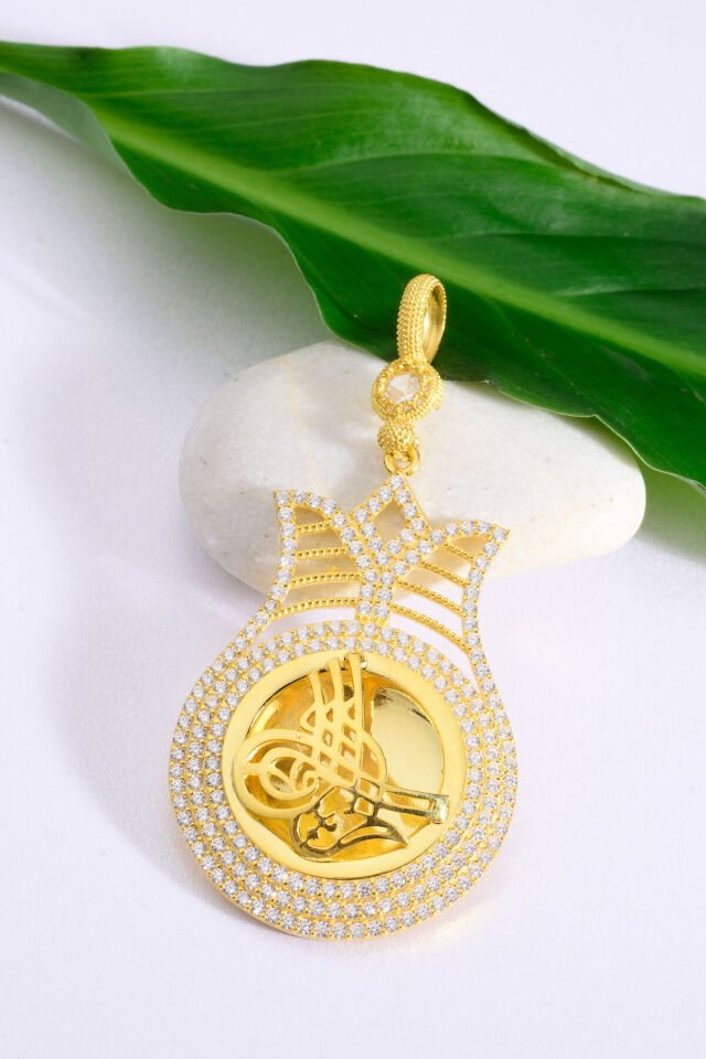 925 Ayar Gümüş 22 Ayar Altın Kaplama Lale Çerçeve Tuğralı Altın Kolye Ucu