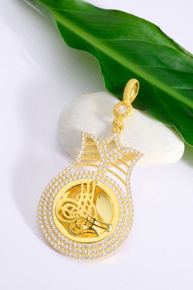 925 Ayar Gümüş 22 Ayar Altın Kaplama Lale Çerçeve Tuğralı Altın Kolye Ucu