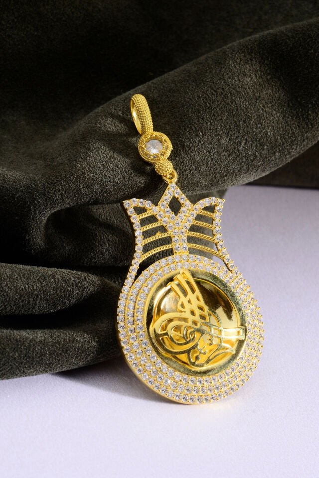 925 Ayar Gümüş 22 Ayar Altın Kaplama Lale Çerçeve Tuğralı Altın Kolye Ucu