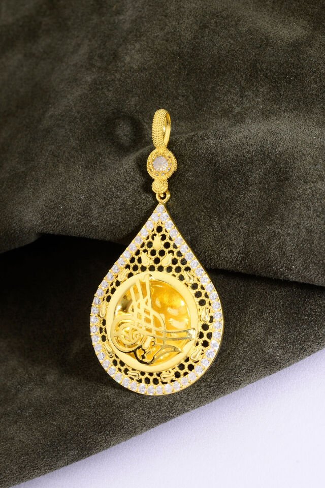 925 Ayar Gümüş 22 Ayar Altın Kaplama Taşlı Tuğralı Kolye Ucu