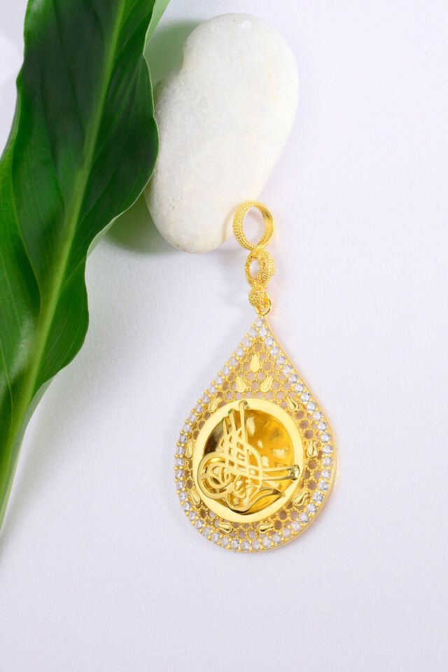 925 Ayar Gümüş 22 Ayar Altın Kaplama Taşlı Tuğralı Kolye Ucu