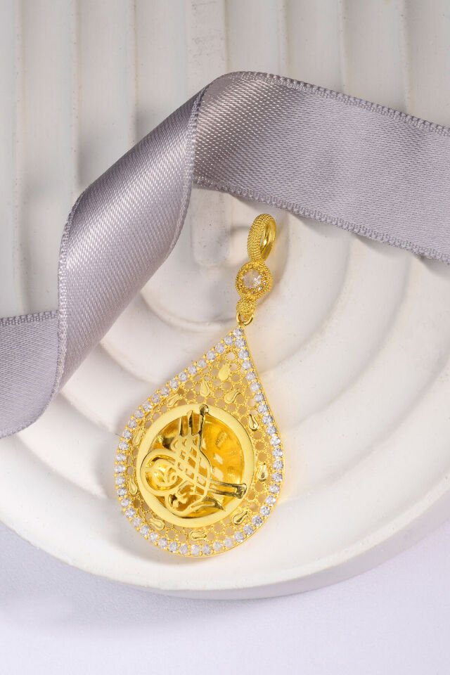 925 Ayar Gümüş 22 Ayar Altın Kaplama Taşlı Tuğralı Kolye Ucu