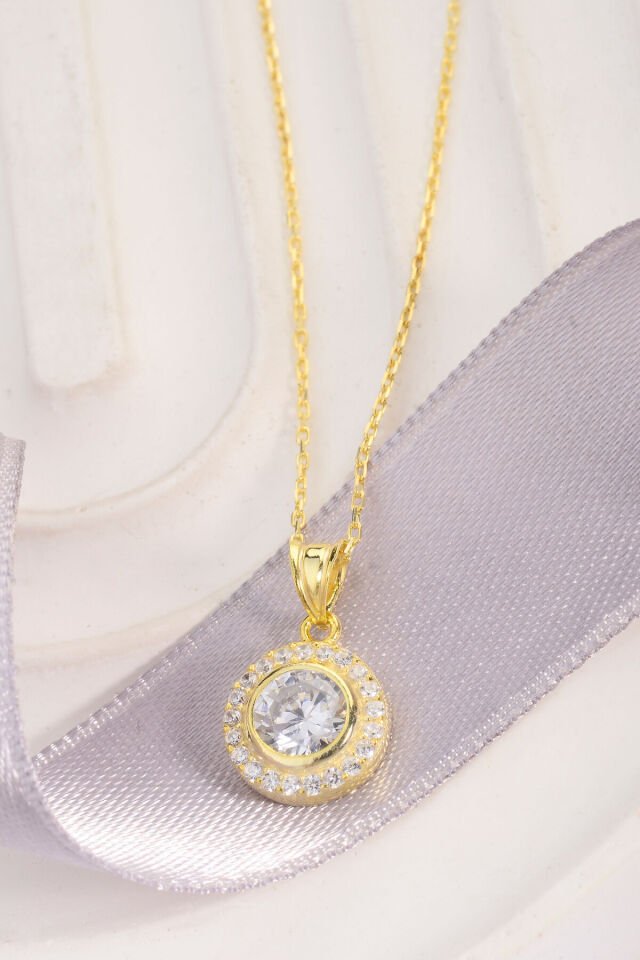 Altın Kaplama 925 Ayar Gümüş Çember Taş Çerçeveli 6mm Taşlı Kolye