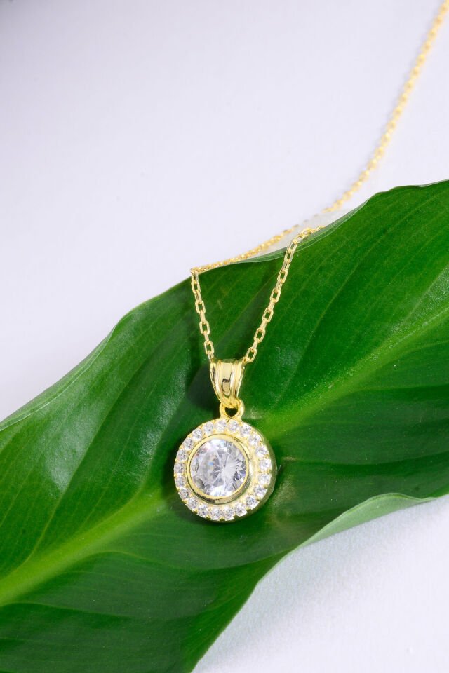 Altın Kaplama 925 Ayar Gümüş Çember Taş Çerçeveli 6mm Taşlı Kolye