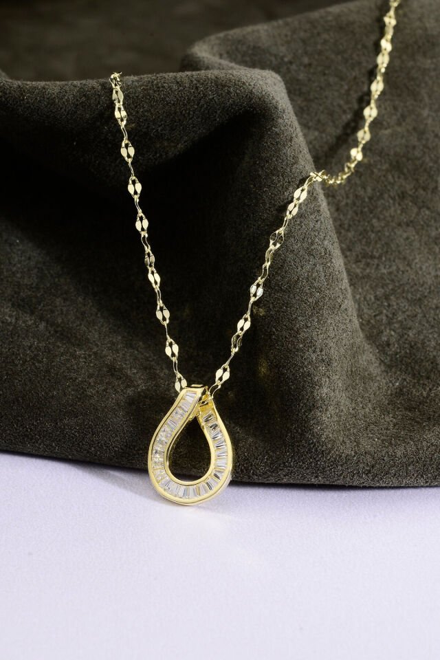 925 Ayar Gümüş Baget Taşlı Damla Figürlü Aynalı Zincir Kolye