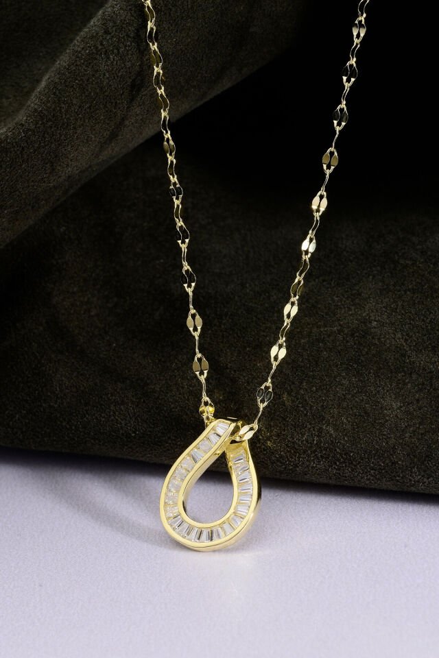 925 Ayar Gümüş Baget Taşlı Damla Figürlü Aynalı Zincir Kolye