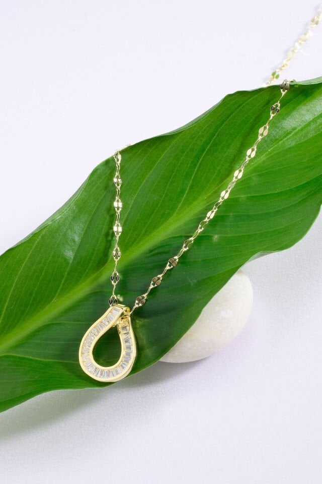 925 Ayar Gümüş Baget Taşlı Damla Figürlü Aynalı Zincir Kolye