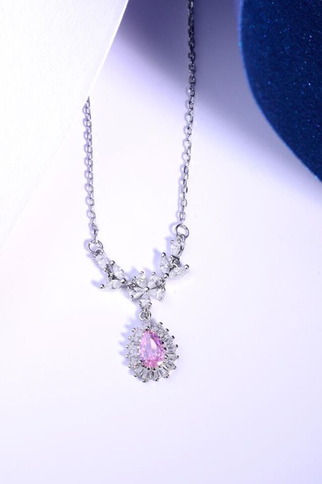 925 Ayar Gümüş Sallantılı Damla Kolye Pembe