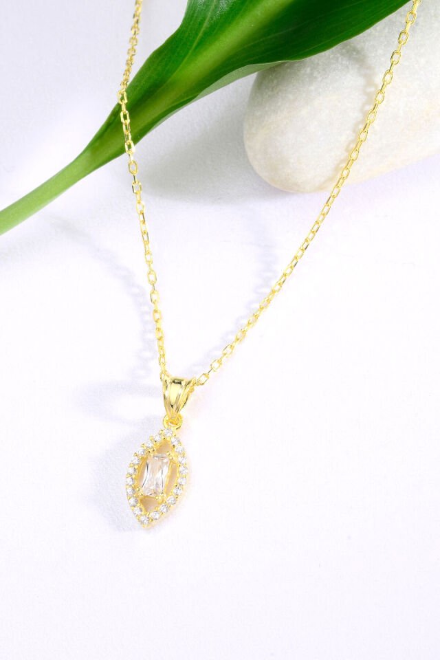 Altın Kaplama 925 Ayar Gümüş Marquise Taş Çerçeveli Baget Taşlı Minimal Kolye