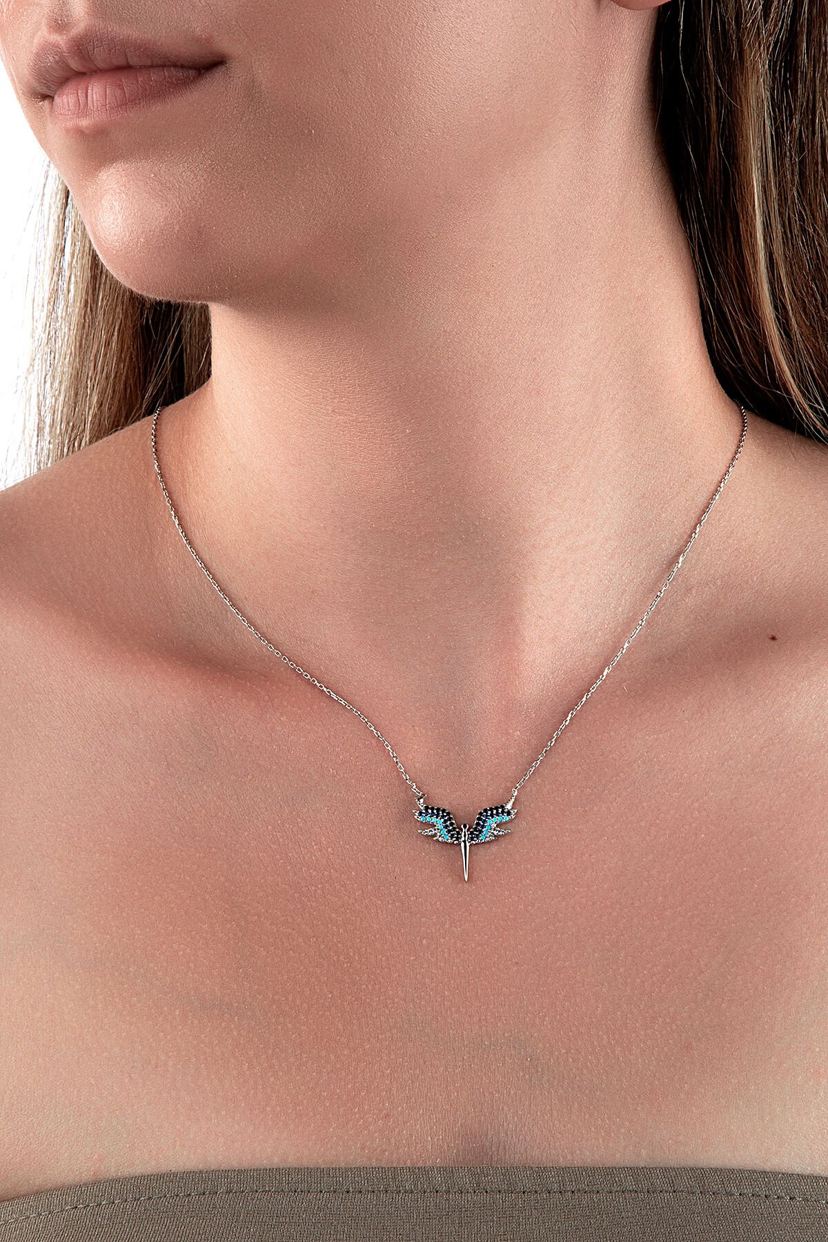 925 Ayar Gümüş Anka Motifli Mavi Taşlı Kolye