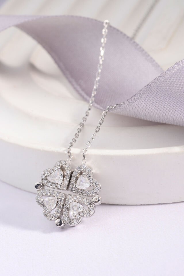 925 Ayar Gümüş Kalpli Yonca Açılabilir Kolye