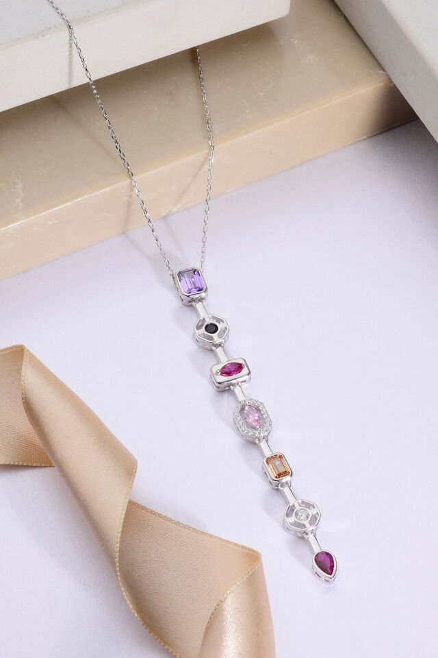 925 Ayar Gümüş 7 Element Geometrik Renkli Taşlı Y Kolye