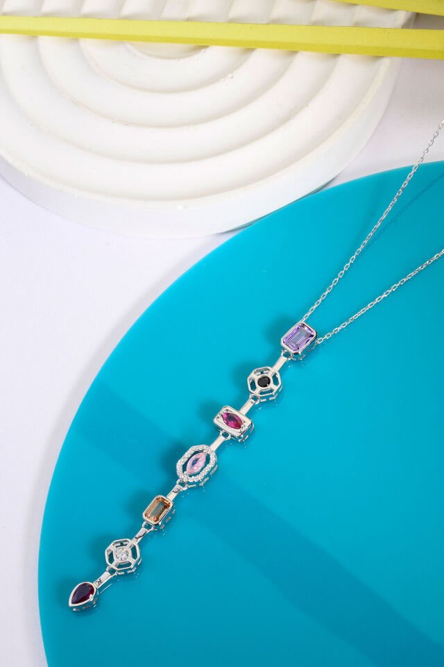 925 Ayar Gümüş 7 Element Geometrik Renkli Taşlı Y Kolye