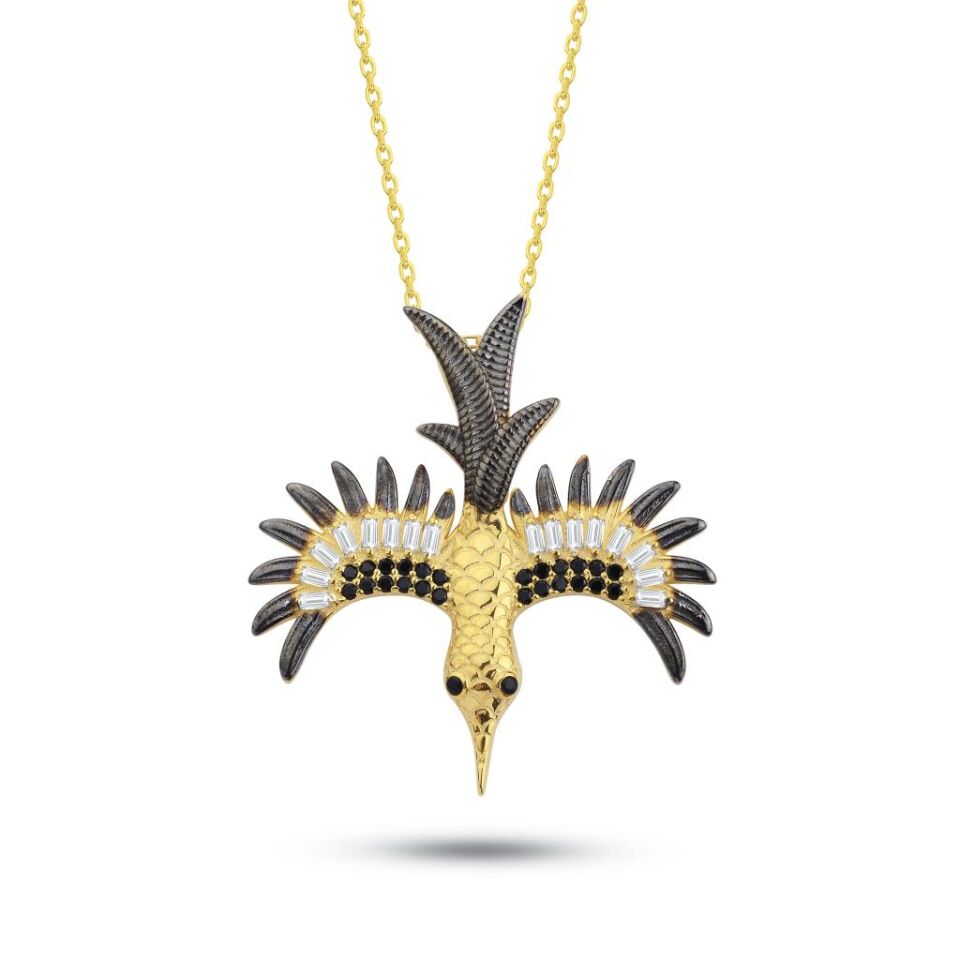 925 Ayar Gümüş üzeri Altın Kaplama Siyah Rodajlı Anka Kolye