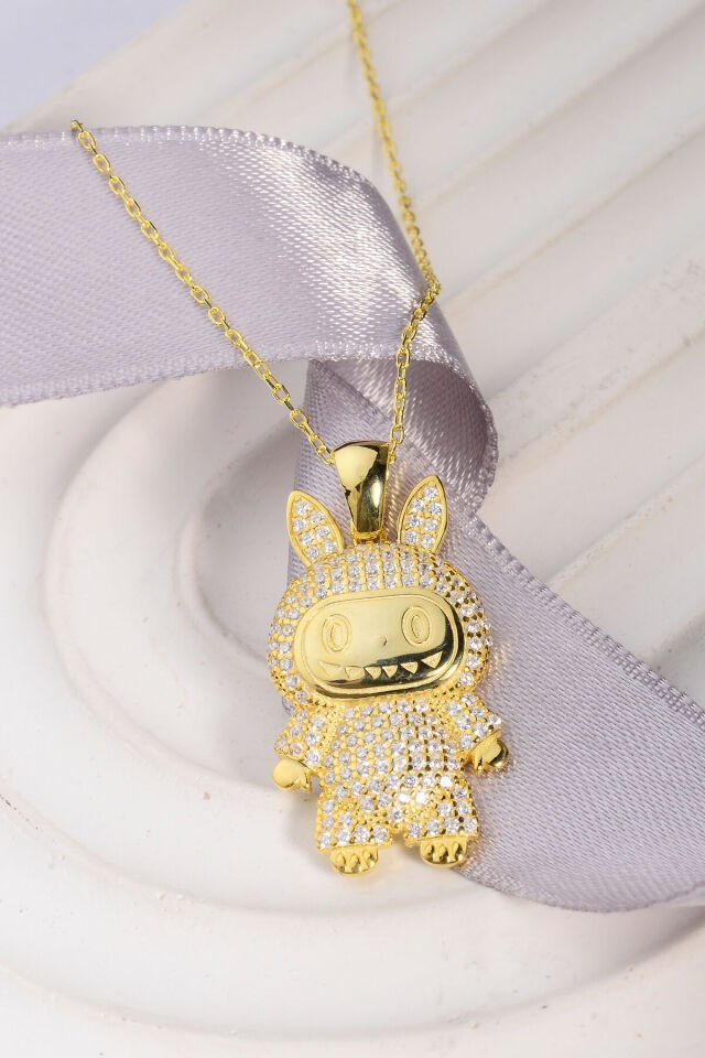 925 Ayar Gümüş üzeri Altın Kaplama Taşlı Labubu Kolye