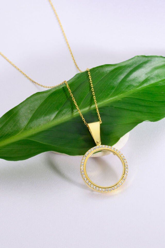 925 Ayar Gümüş üzeri Altın Kaplama Taşlı Çeyrekli Kolye