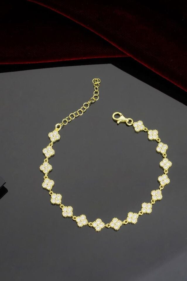 925 Ayar Gümüş Altın Kaplama Yonca Bileklik