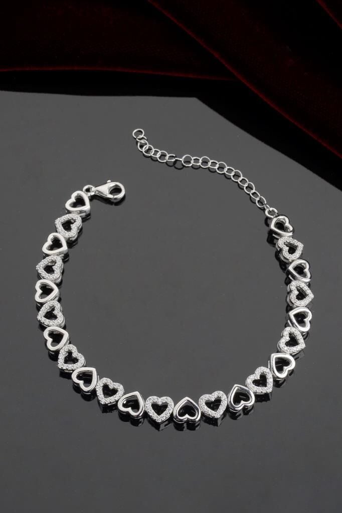 925 Ayar Gümüş Sıralı Kalpli Bileklik