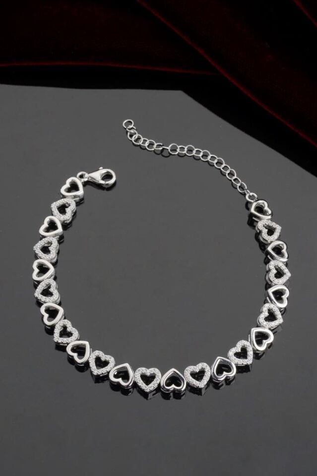 925 Ayar Gümüş Sıralı Kalpli Bileklik