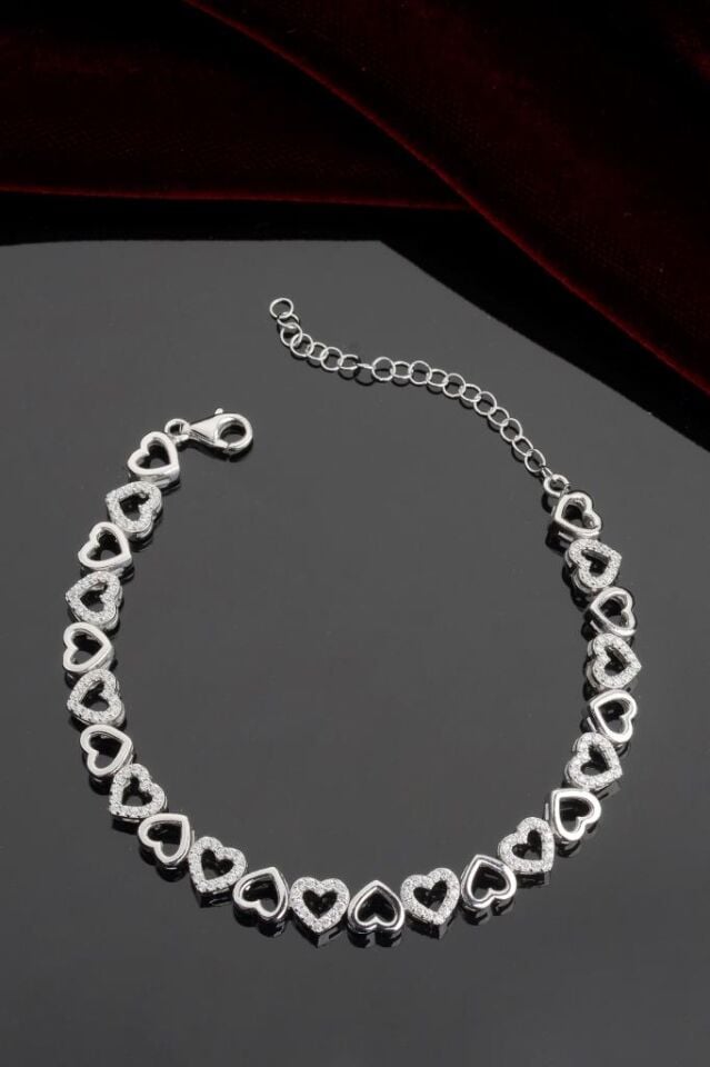 925 Ayar Gümüş Sıralı Kalpli Bileklik