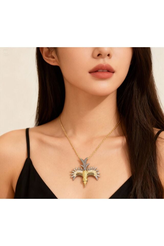 925 Ayar Gümüş üzeri Altın Kaplama Siyah Rodajlı Anka Kolye