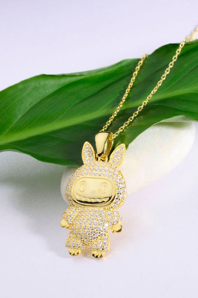 925 Ayar Gümüş üzeri Altın Kaplama Taşlı Labubu Kolye