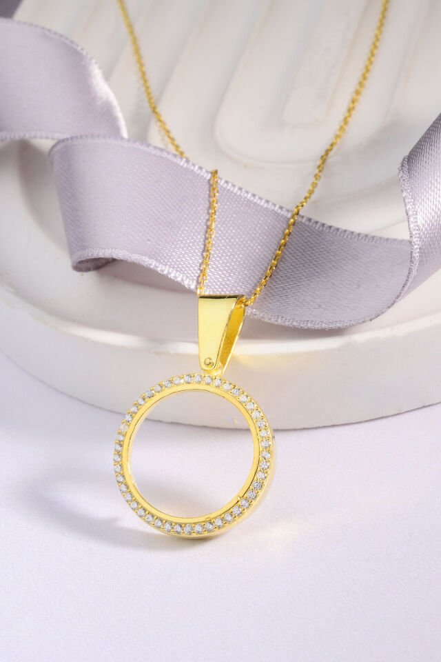 925 Ayar Gümüş üzeri Altın Kaplama Taşlı Çeyrekli Kolye