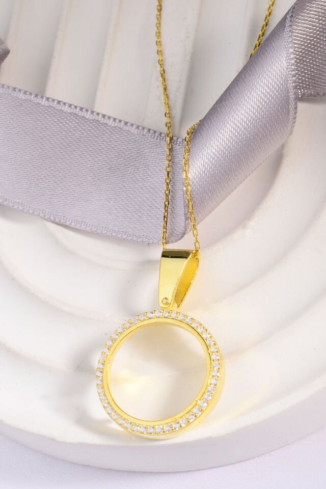 925 Ayar Gümüş üzeri Altın Kaplama Taşlı Çeyrekli Kolye