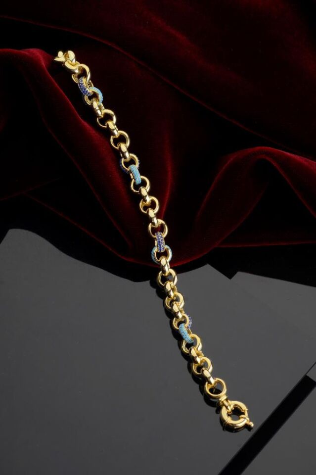 925 Ayar Gümüş Mavi Taşlı Altın Kaplama Bileklik