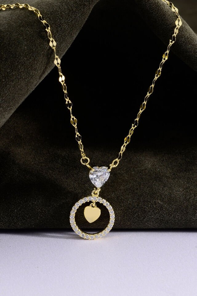 Altın Kaplama 925 Ayar Gümüş Kalp Taşlı Halkalı Aynalı Zincir Kolye