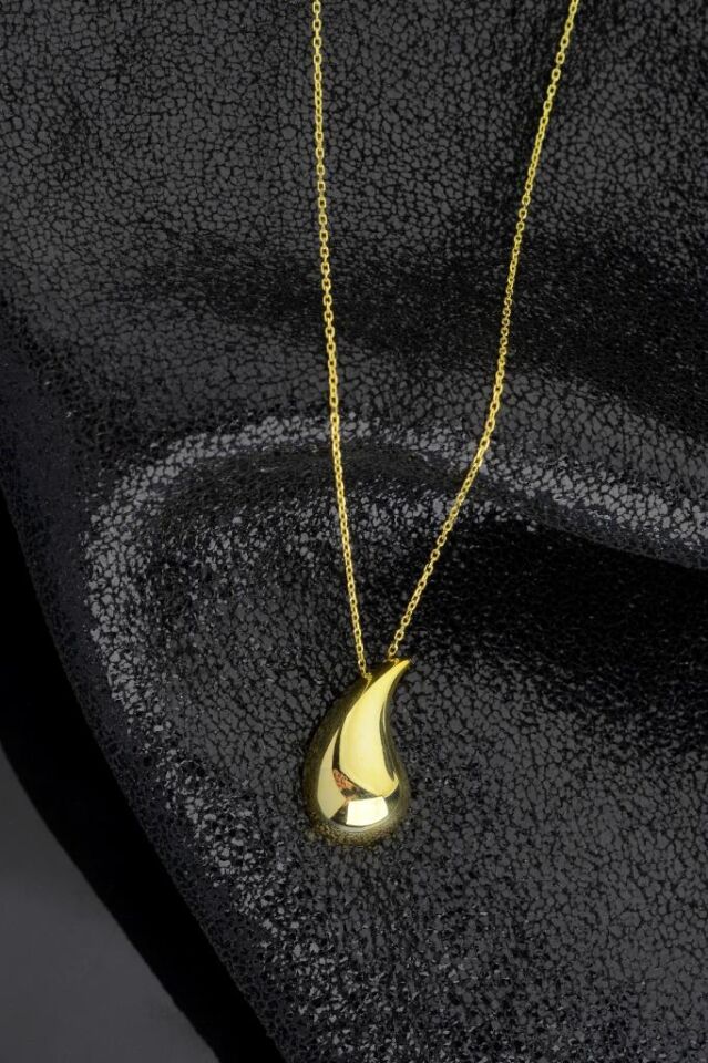 925 Ayar Gümüş Altın Kaplama Büyük Gözyaşı Damla Kolye