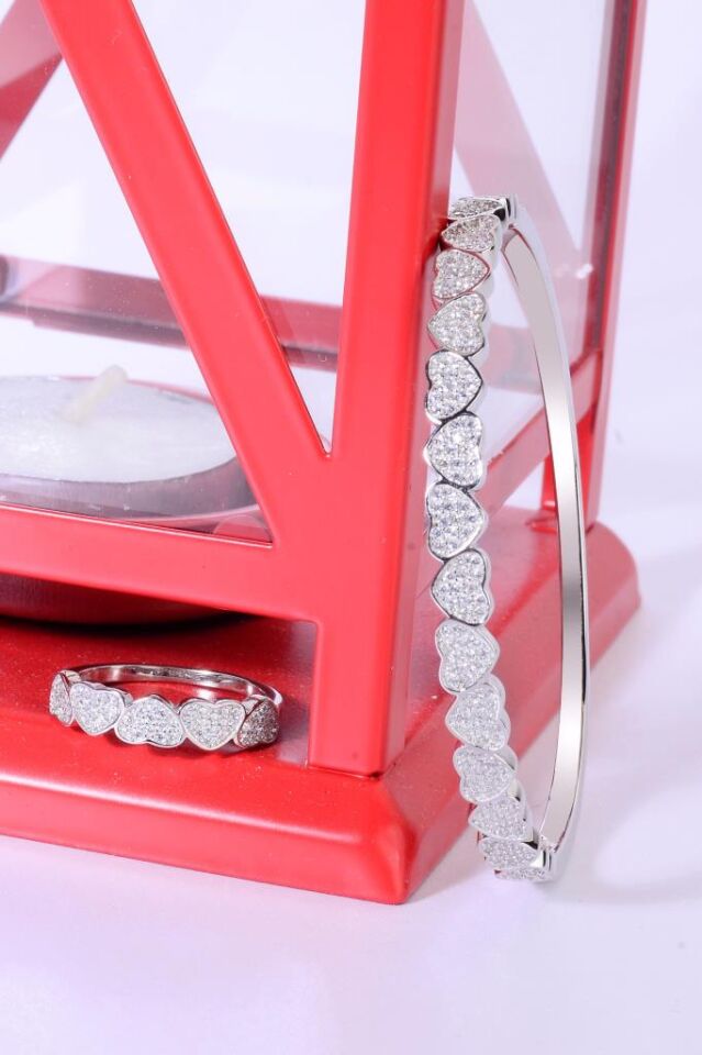 925 Ayar Gümüş Kalpli Bilezik ve Yüzük Set