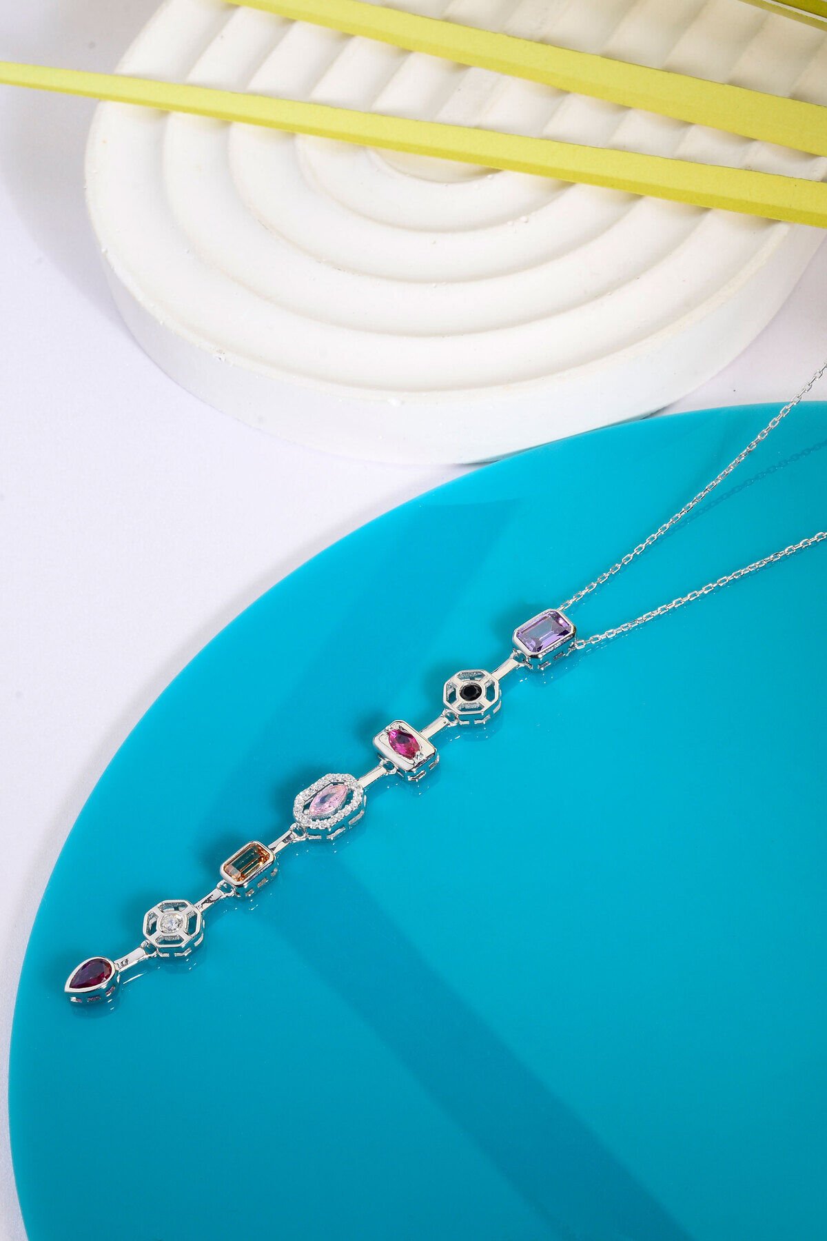 925 Ayar Gümüş 7 Element Geometrik Renkli Taşlı Y Kolye