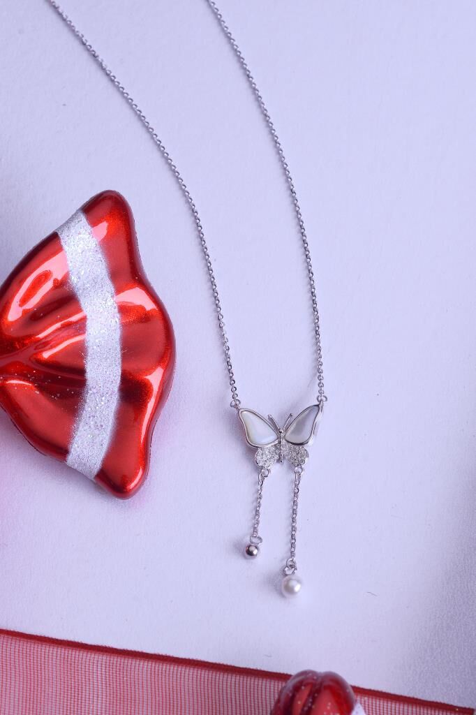 925 Ayar Gümüş Sedefli İncili Taşlı Kelebek Kolye