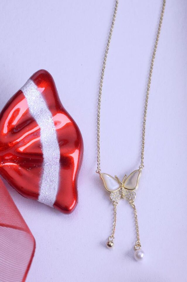 925 Ayar Gümüş Sedefli İncili Taşlı Kelebek Kolye