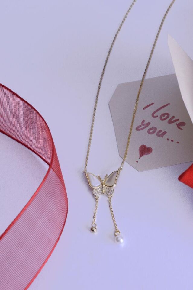 925 Ayar Gümüş Sedefli İncili Taşlı Kelebek Kolye