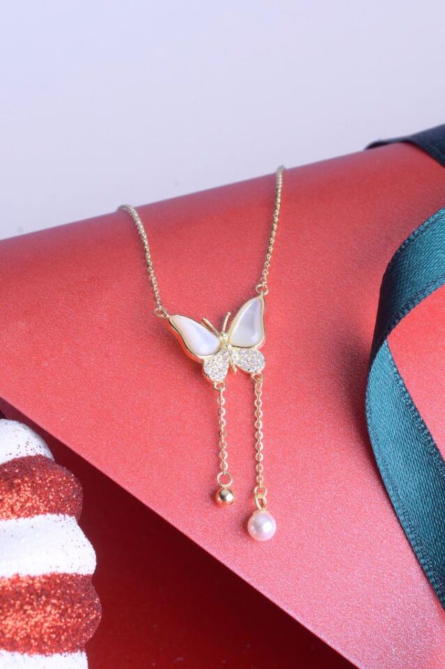 925 Ayar Gümüş Sedefli İncili Taşlı Kelebek Kolye